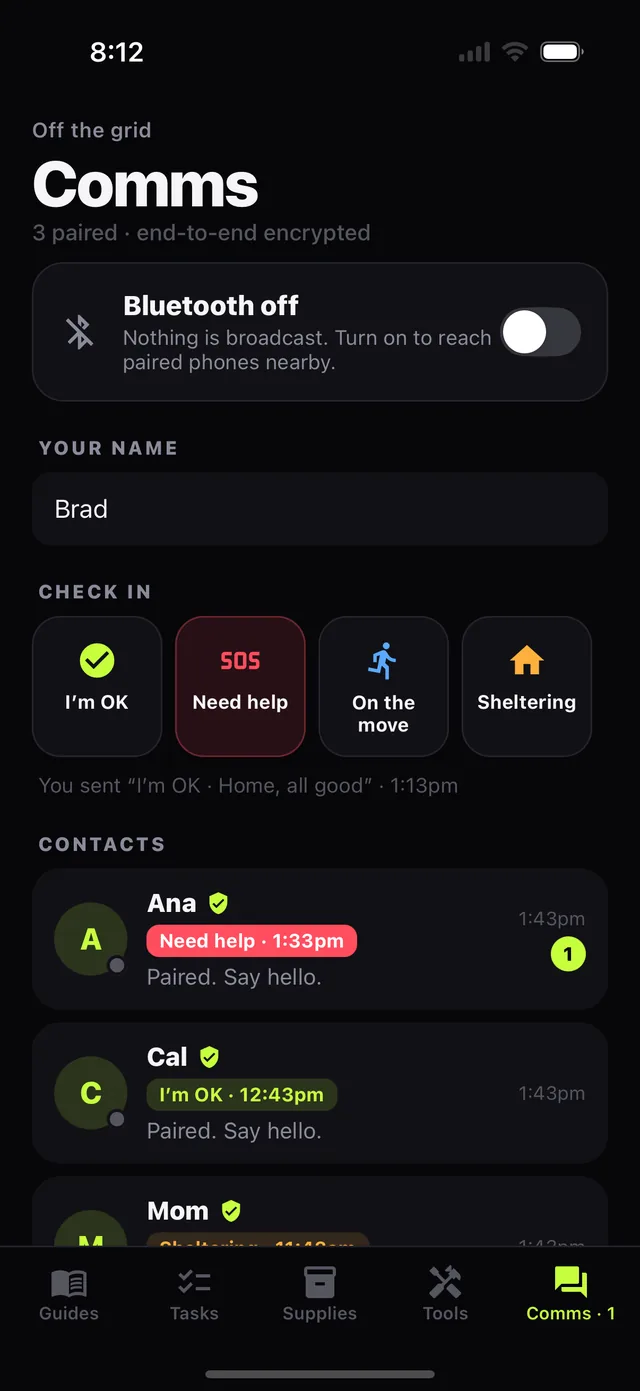 Comms with check-in buttons and contacts showing their status