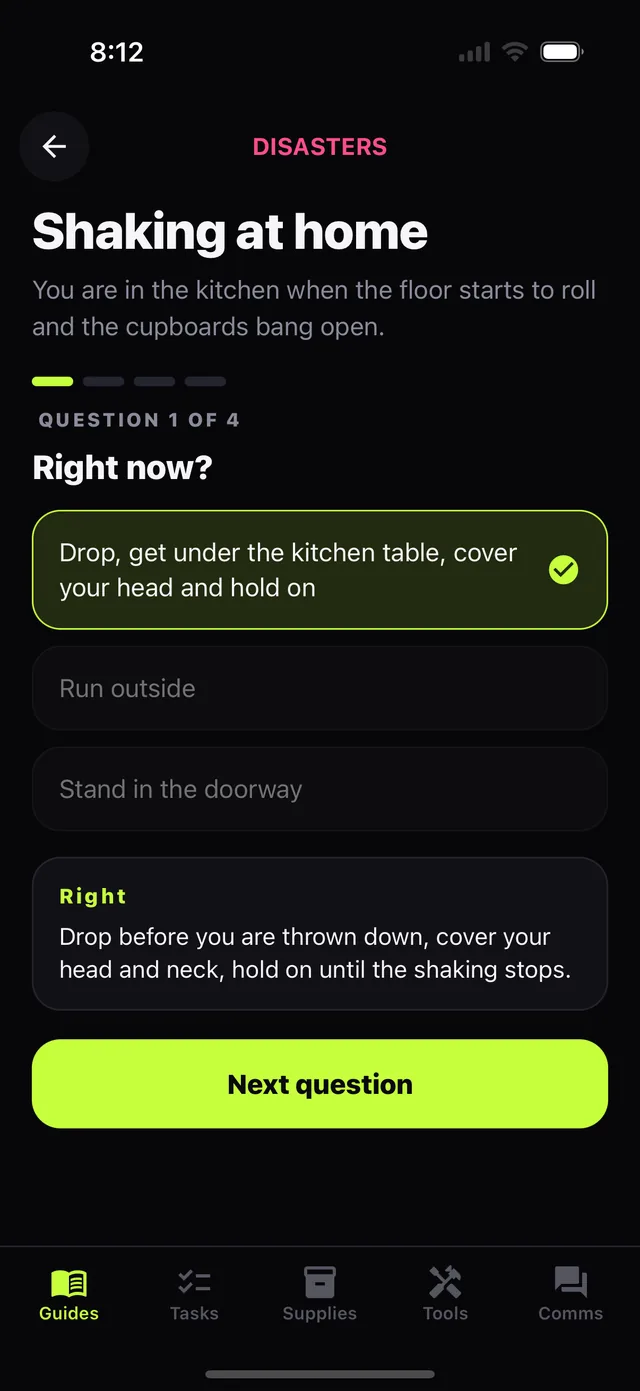 An earthquake drill question answered correctly, with the explanation